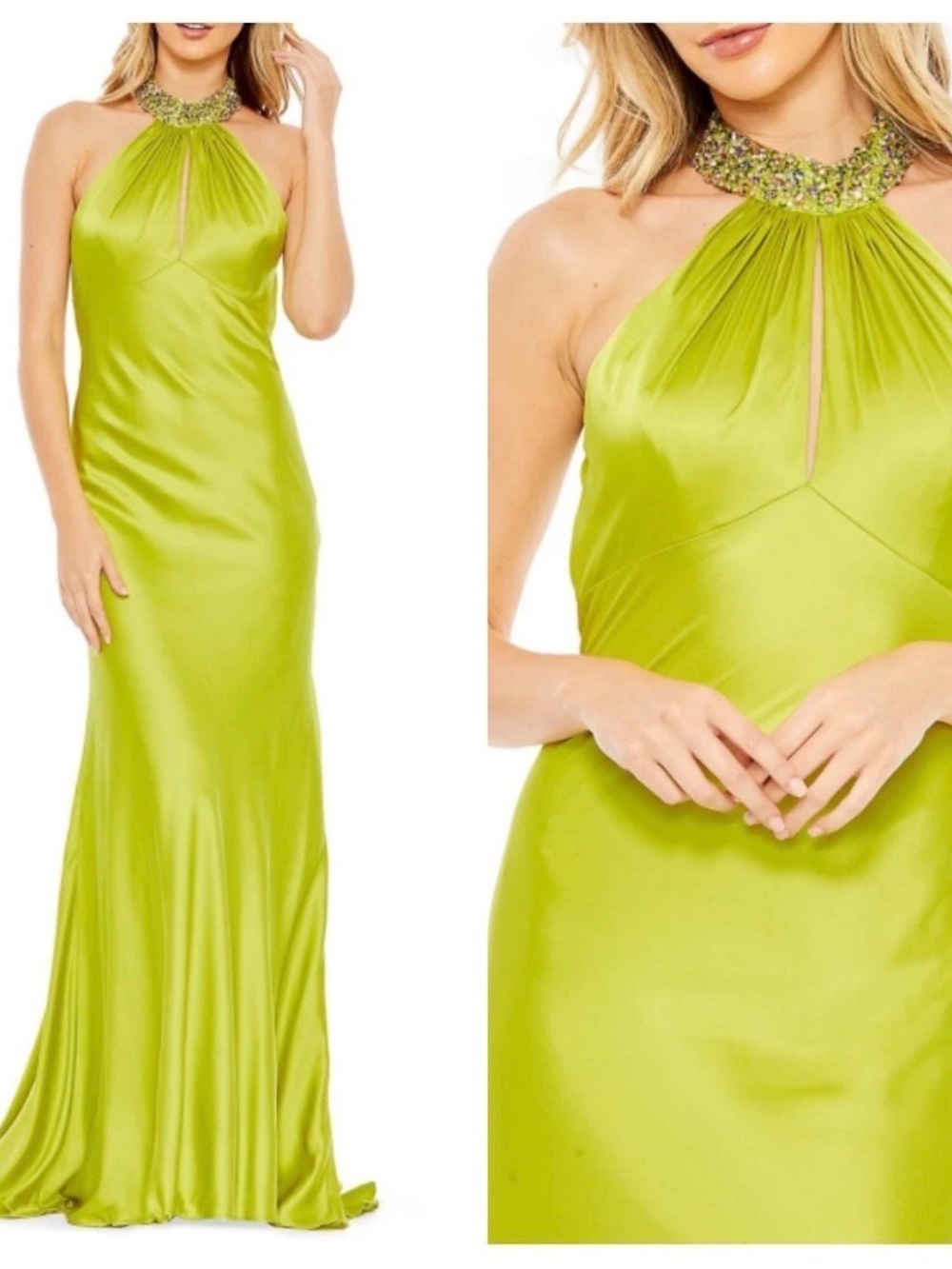 Mac Duggal Backless Beaded Halter Gown Chartreuse